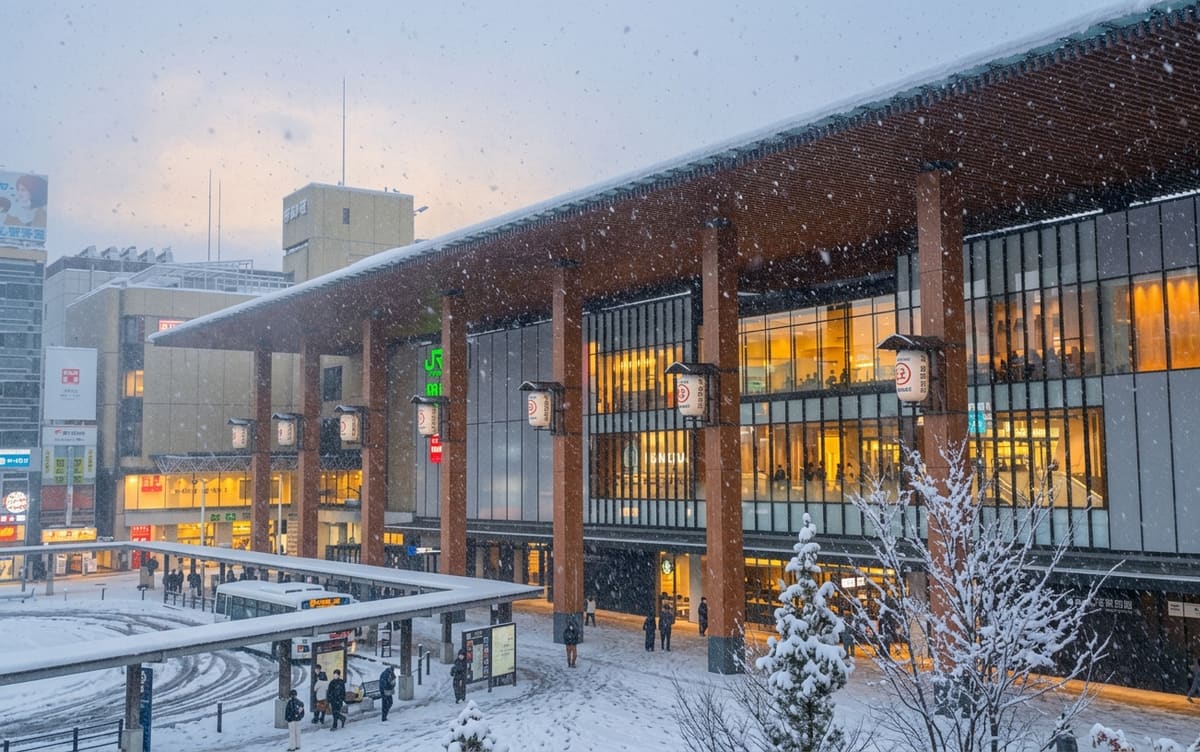 Nagano Station in falling snow